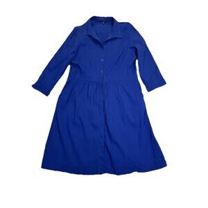 Eileen Fisher Dress Women's Sz L Blue Linen 3/4 Sleeve Button Down Collared